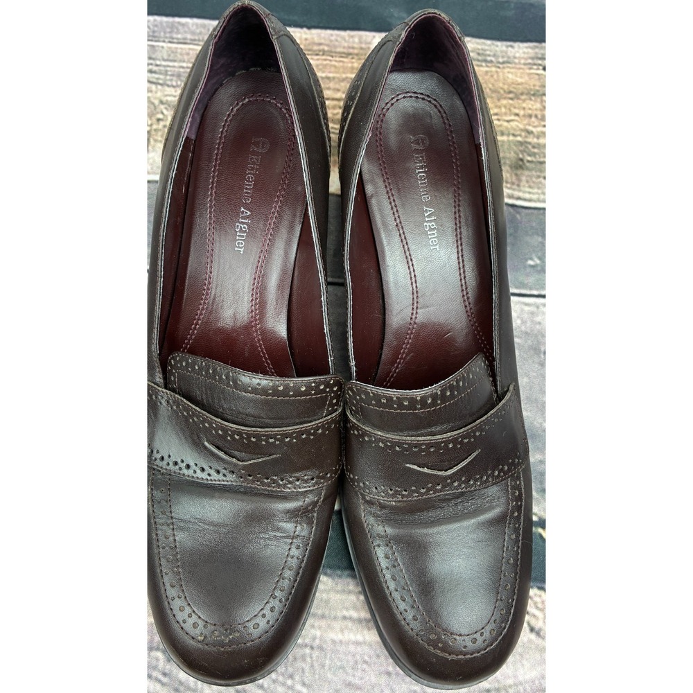 Etienne Aigner E Greeley Womens Loafer Pumps Size 8M Brown Leather Block Heels - Picture 5 of 8